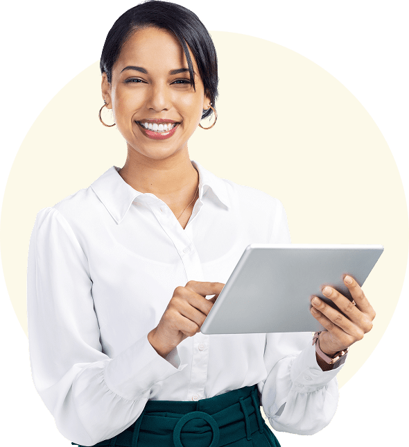 Smiling woman holding a digital tablet, dressed in white blouse.