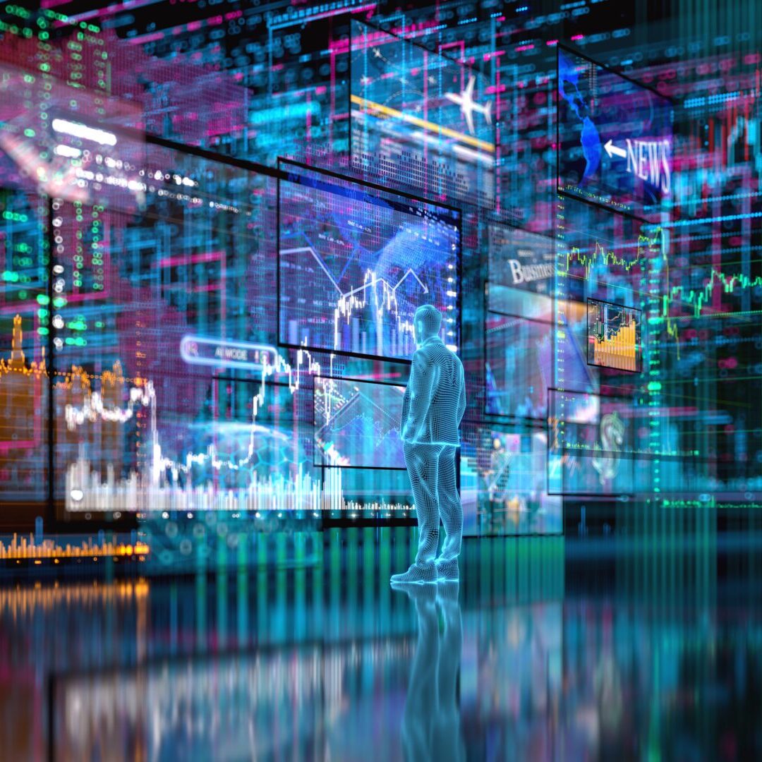 Futuristic digital interface with a holographic figure analyzing data.