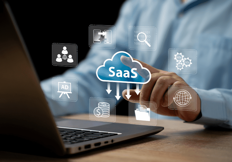 Person interacting with SaaS cloud interface.