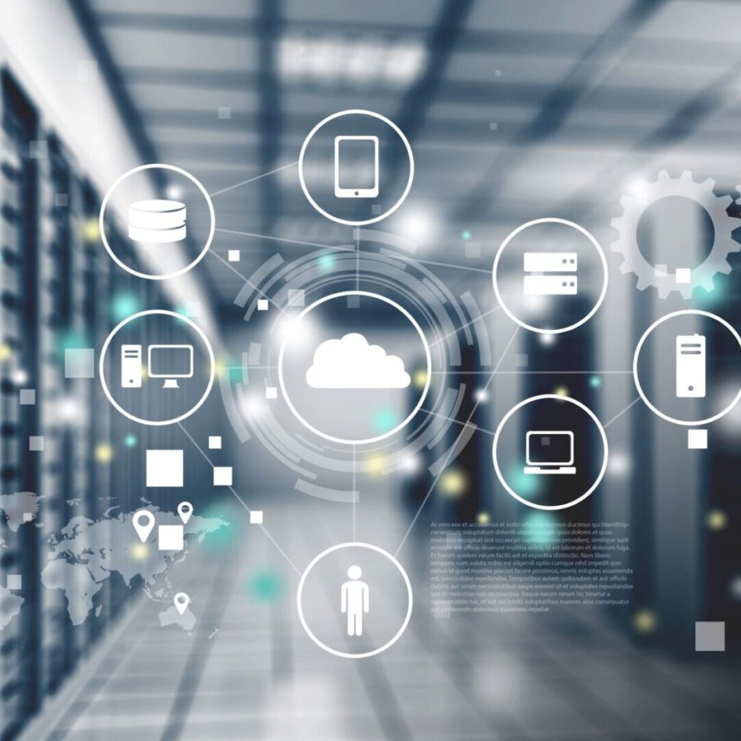 Digital icons over data center background